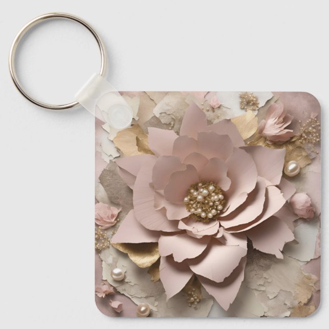 Dusty Rose Floral Aluminium Square Keychain (Front)