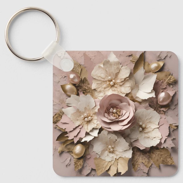 Dusty Rose Floral Aluminium Square Keychain (Front)