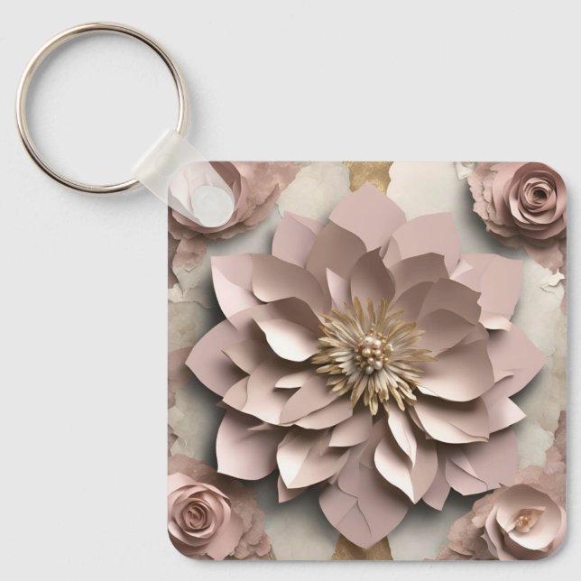 Dusty Rose Floral Aluminium Square Keychain (Front)