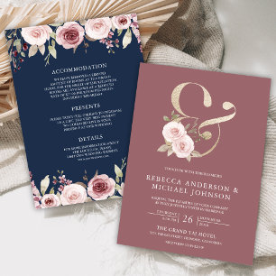 Dusty Rose Floral Ampersand Navy Blue Wedding Invitation