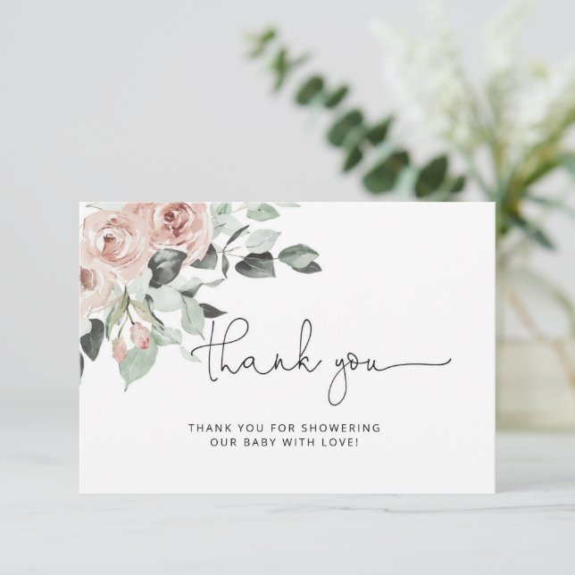 Dusty rose floral baby shower thank you card (Standing Front)