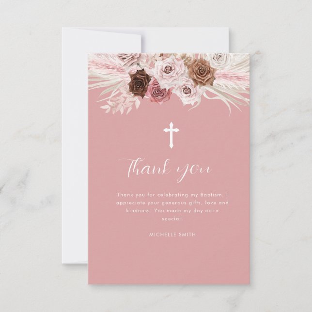 dusty rose floral baptism thank you card (Front)