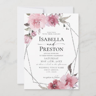  Dusty Rose Floral Blush Boho Silver Foil Wedding  Invitation