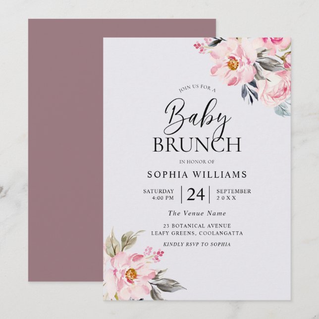 Dusty Rose Floral Blush Pink Baby Shower Brunch Invitation (Front/Back)