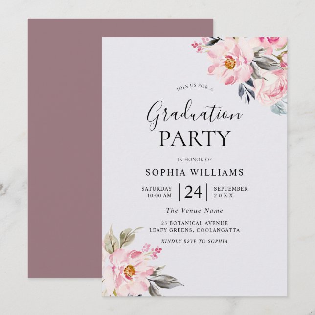 Dusty Rose Floral Blush Pink Graduation Party Invitation (Front/Back)