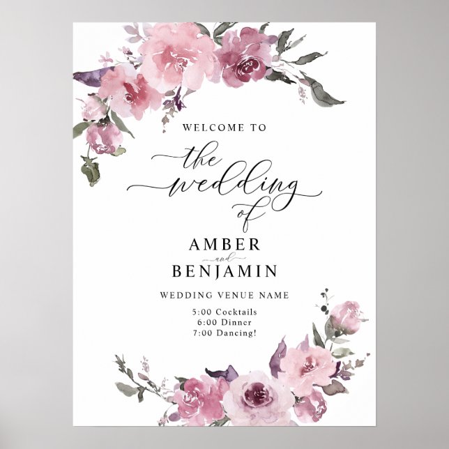 Dusty Rose Floral Blush Pink Mauve Wedding Welcome Poster (Front)