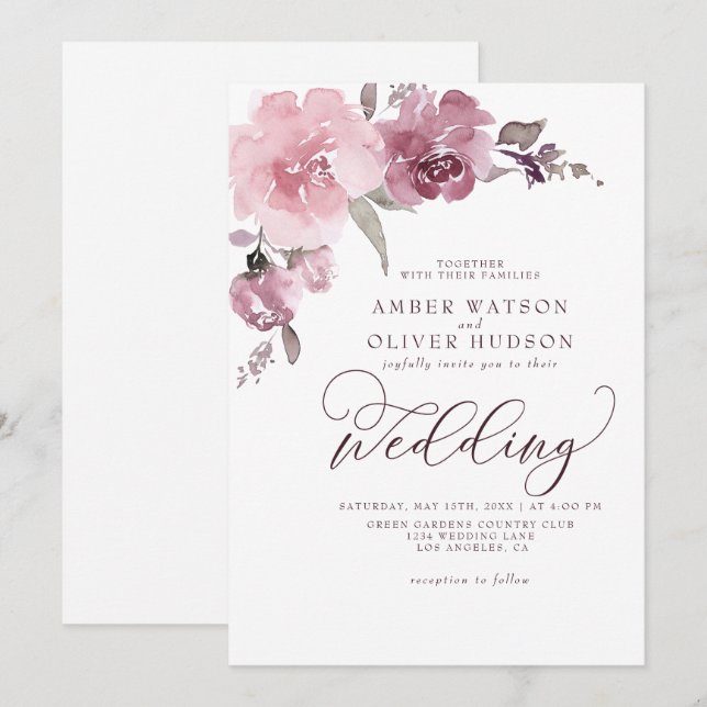 Dusty Rose Floral Blush Pink Pastel Flower Wedding Invitation (Front/Back)