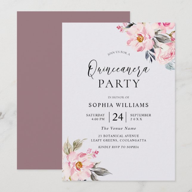Dusty Rose Floral Blush Pink Quinceanera Party Invitation (Front/Back)