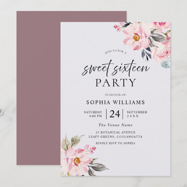 Dusty Rose Floral Blush Pink Sweet 16 Invitation (Front/Back)