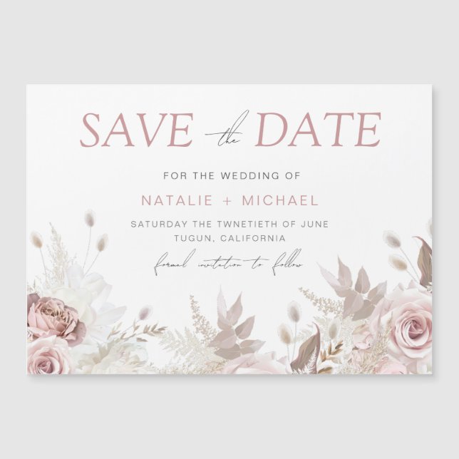 Dusty Rose Floral Blush Wedding Save The Date Magnetic Invitation (Front)