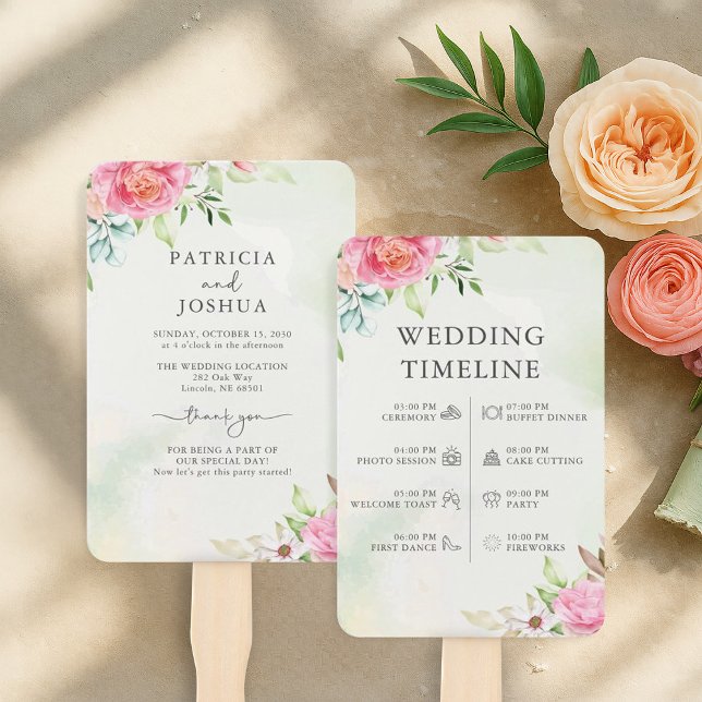 Dusty Rose Floral Boho Wedding Program Hand Fan (Creator Uploaded)