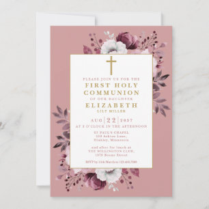 Dusty Rose Floral Botanical First Holy Communion Invitation
