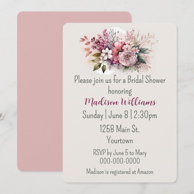 Dusty Rose Floral Bouquet Bridal Shower Invitation (Front/Back)