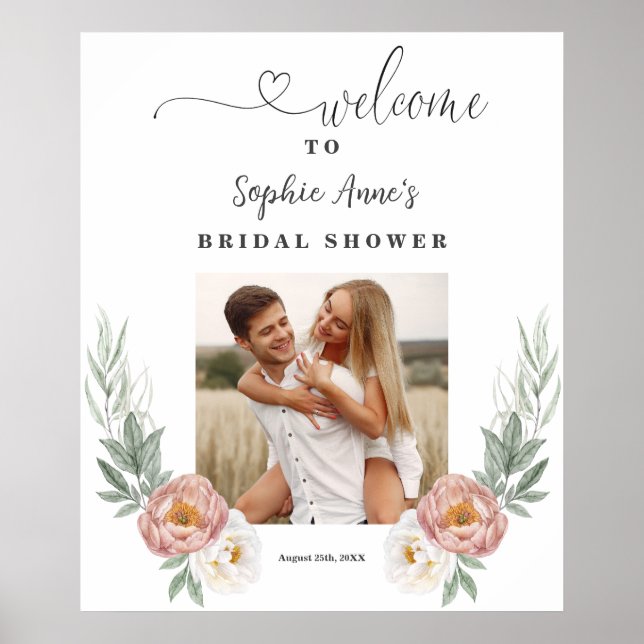 Dusty Rose Floral Bridal Shower Photo Welcome Sign (Front)