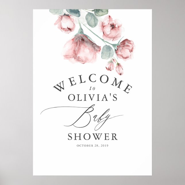 Dusty Rose Floral Elegant Baby Shower Welcome Poster (Front)