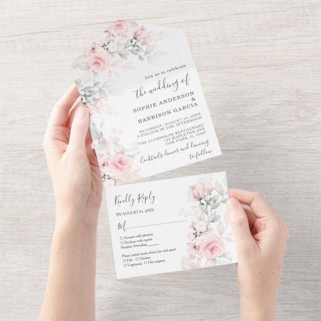 Dusty Rose Floral Elegant Blush Pink Wedding All I All In One Invitation (Tearaway)