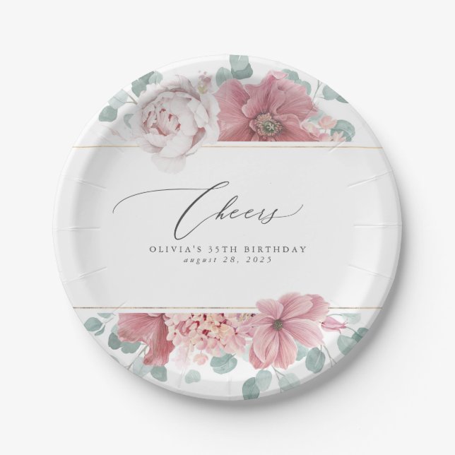 Dusty Rose Floral Elegant Botanical Paper Plate (Front)
