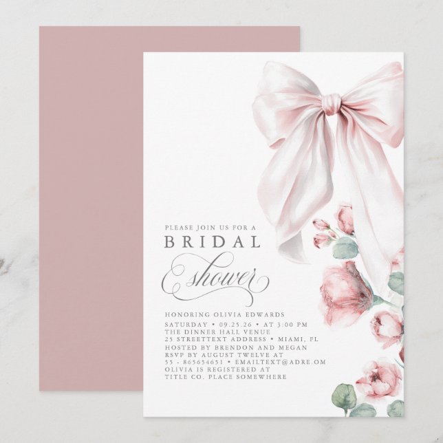 Dusty Rose Floral Elegant Bow Bridal Shower Invitation (Front/Back)