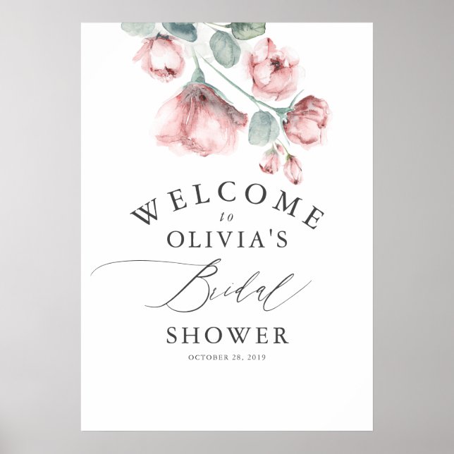 Dusty Rose Floral Elegant Bridal Shower Welcome Poster (Front)