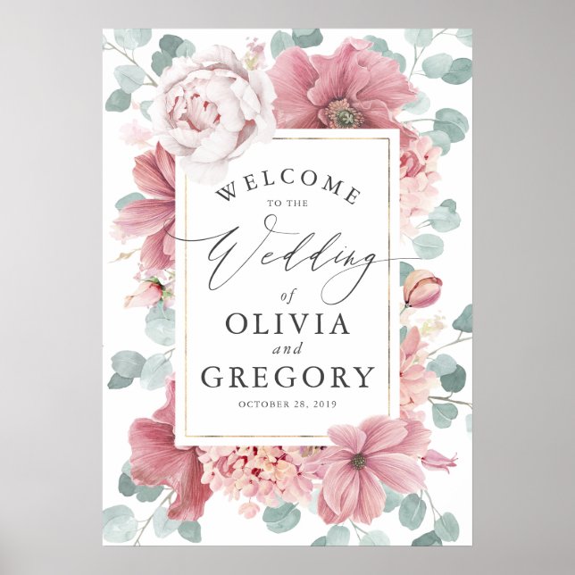 Dusty Rose Floral Elegant Greenery Wedding Welcome Poster (Front)