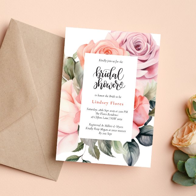 Dusty Rose Floral Elegant Minimal Bridal Shower  Invitation (Creator Uploaded)