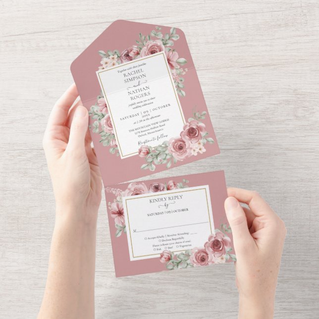 Dusty Rose Floral Elegant Modern Wedding All In One Invitation (Tearaway)