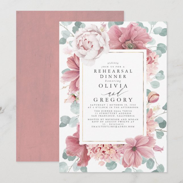 Dusty Rose Floral Elegant Rehearsal Dinner Invitation (Front/Back)