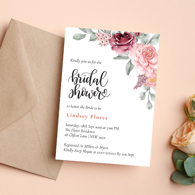 Dusty Rose Floral Elegant Watercolor Bridal Shower Invitation (Creator Uploaded)