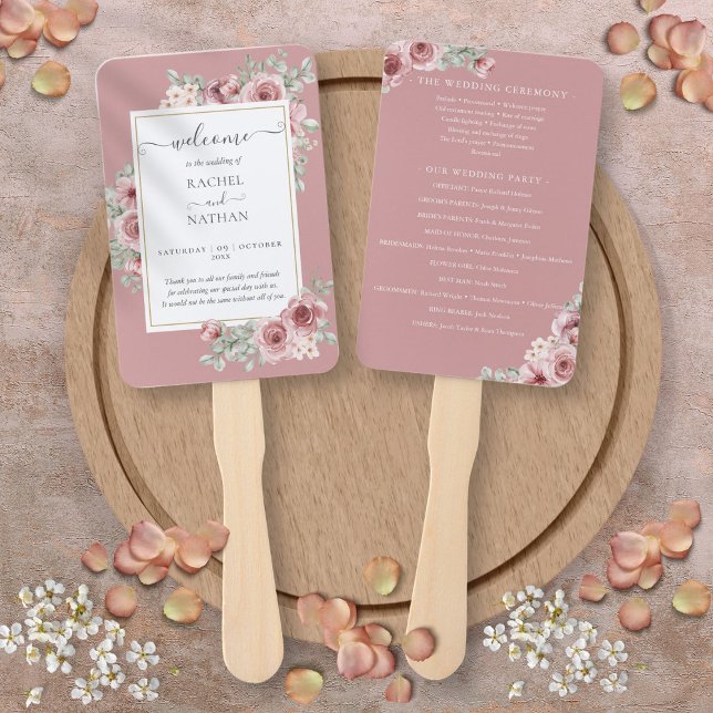 Dusty Rose Floral Elegant Wedding Program Hand Fan (Dusty Rose Floral Elegant Wedding Program Hand Fan)