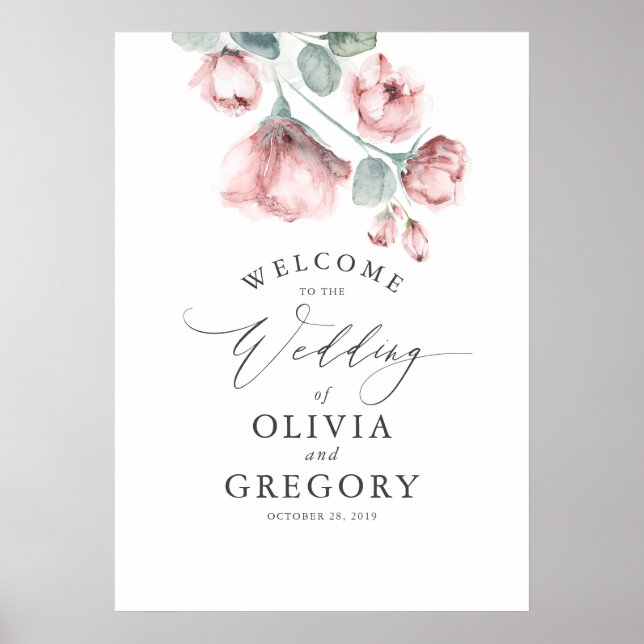 Dusty Rose Floral Elegant Wedding Welcome Poster (Front)