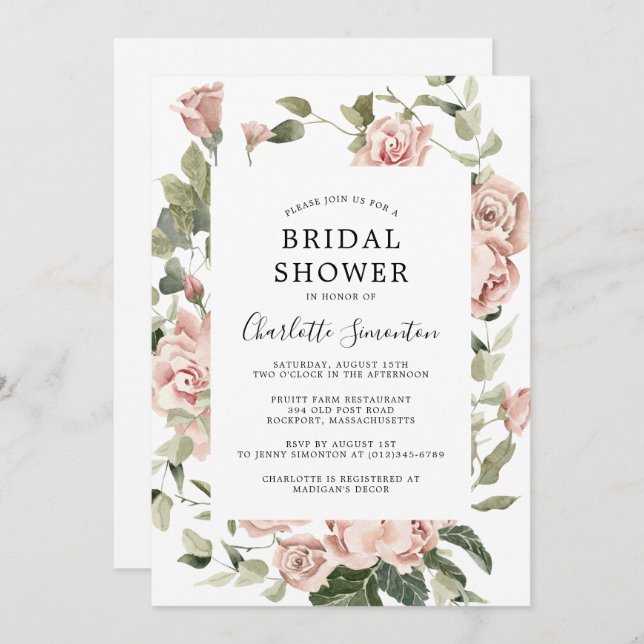Dusty Rose Floral Eucalyptus Bridal Shower Invitation (Front/Back)