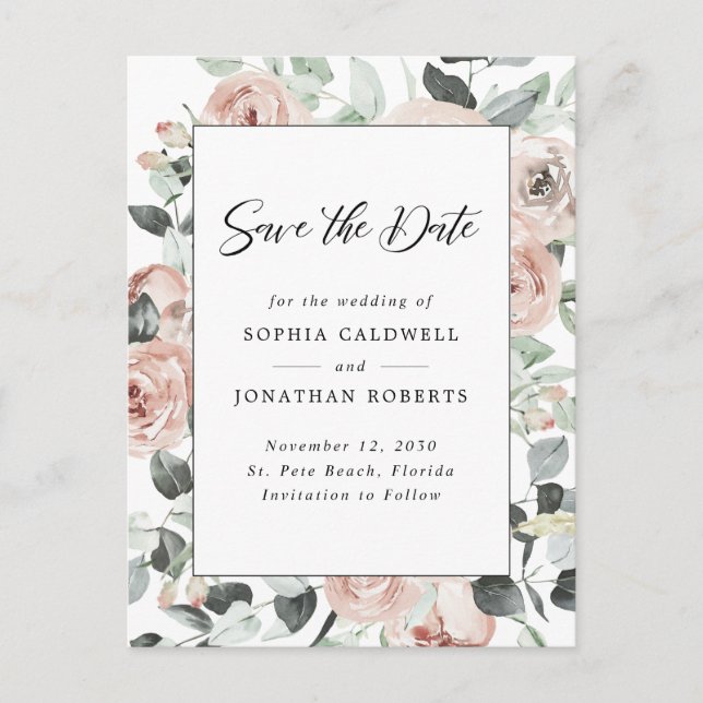 Dusty Rose Floral Eucalyptus Save the Date Announcement Postcard (Front)