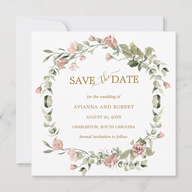 Dusty Rose Floral Eucalyptus Wedding Save The Date (Front)