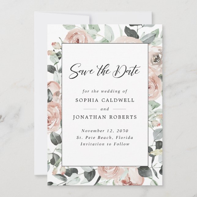 Dusty Rose Floral Eucalyptus Wedding Save The Date (Front)