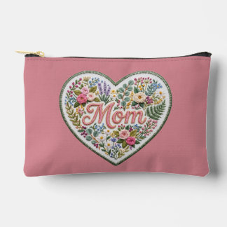 Dusty Rose Floral Faux Embroidery Heart Mom Accessory Pouch