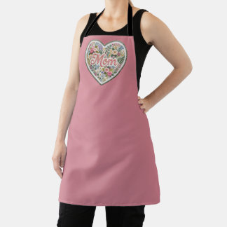 Dusty Rose Floral Faux Embroidery Heart Mum Apron