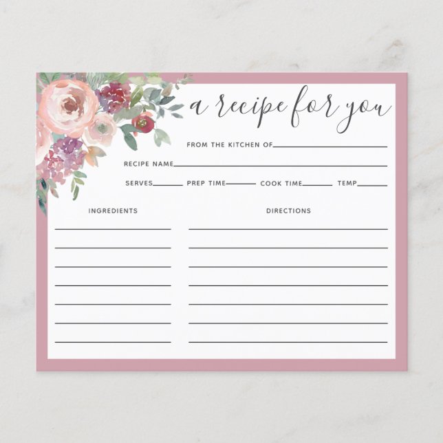 Dusty Rose Floral Folige Bridal Shower Recipe Card (Front)