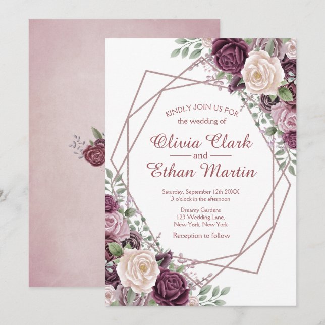 Dusty Rose Floral Geometric on White Invitation (Front/Back)