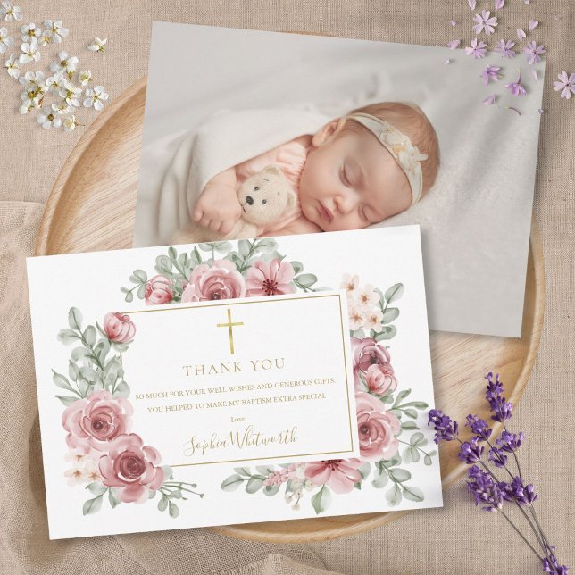 Dusty Rose Floral Gold Baptism Christening Photo Thank You Card (Creator Uploaded)