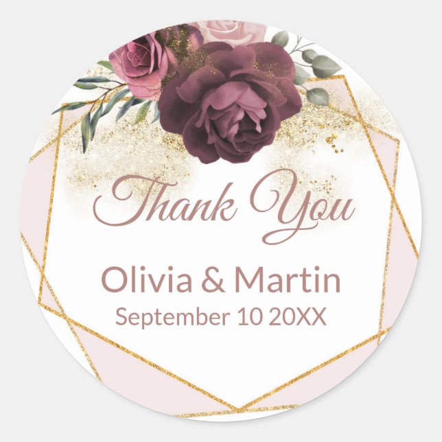 Dusty Rose Floral Gold Geometric Classic Round Sticker (Front)