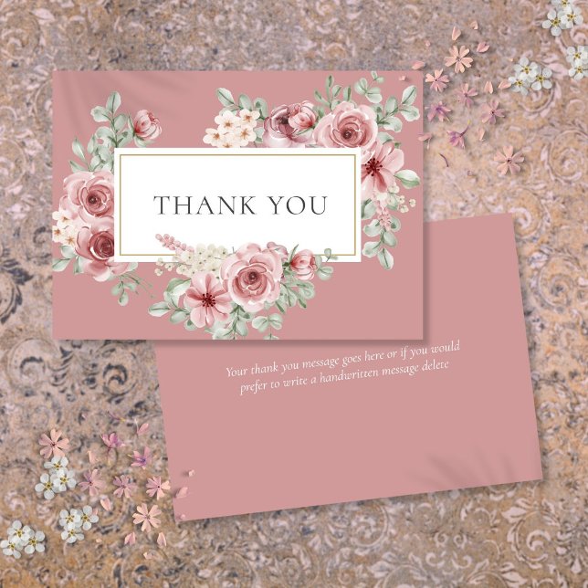 Dusty Rose Floral Gold Geometric Thank You Card (Dusty Rose Floral Gold Geometric Thank You Card)