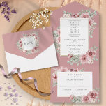 Dusty Rose Floral Gold Geometric Wedding All In One Invitation<br><div class="desc">All in one wedding invitation featuring pretty dusty rose floral and a chic gold frame border with a dusty rose background. The invitation includes a perforated RSVP card that can be individually addressed or left blank for you to handwrite your guest's address details. Designed by Thisisnotme©</div>