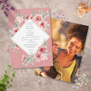 Dusty Rose Floral Gold Geometric Wedding Photo Invitation