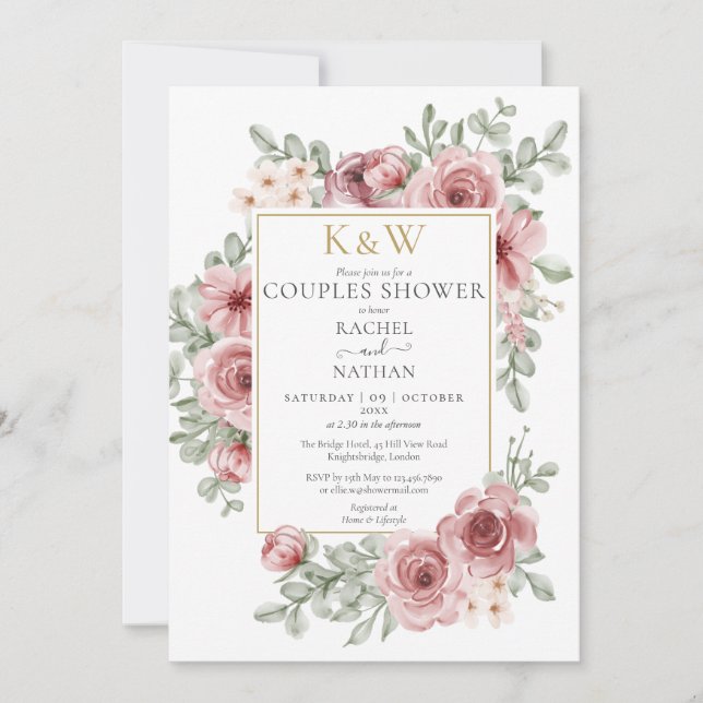 Dusty Rose Floral Gold Monogram Couples Shower Invitation (Front)