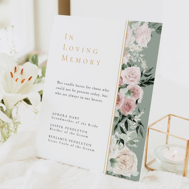 Dusty Rose Floral Gold Sage Green Wedding Memorial Pedestal Sign (Creator Uploaded)