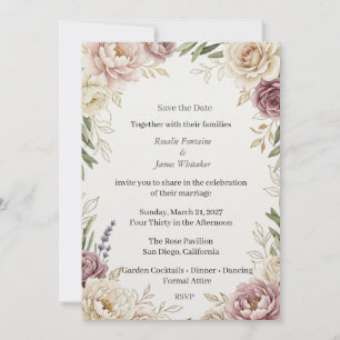 Dusty Rose Floral Gold Save the Date Card