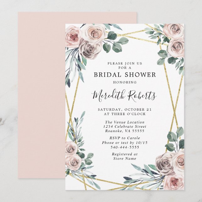 Dusty Rose Floral Greenery Bridal Shower Invitation (Front/Back)