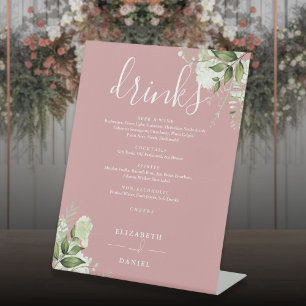 Dusty Rose Floral Greenery Wedding Drinks Menu Pedestal Sign