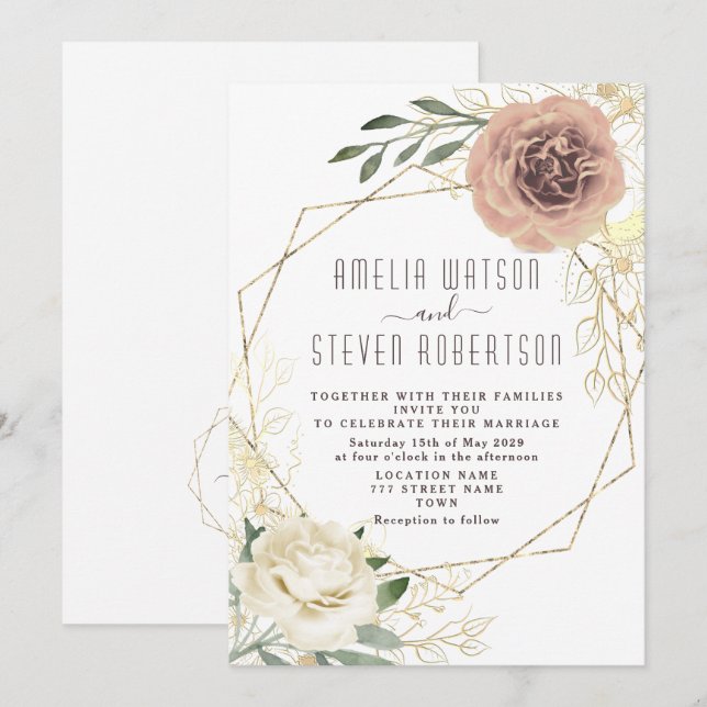 Dusty Rose Floral Greenery Wedding Invite (Front/Back)