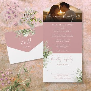 Dusty Rose Floral Greenery Wedding Photo All In One Invitation